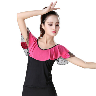Damen Latein Tanz Bluse T-Shirt Top Ballsaal Salsa Tango Rüsche Übung Slim