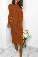  Women’s Cable Knitted Jumper Dress Ladies Pocket Tie up Long Midi Dresses 