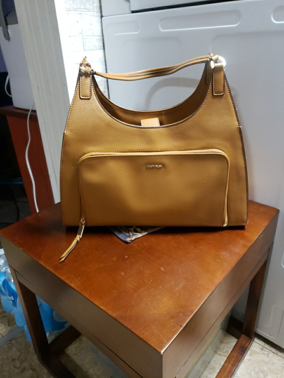 Calvin Klein Tan Ava Saffiano Triple Compartment Hobo… Gem