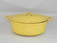 BELGIUM 12 YELLOW ENAMEL CAST IRON CASSEROLE POT WITH LID
