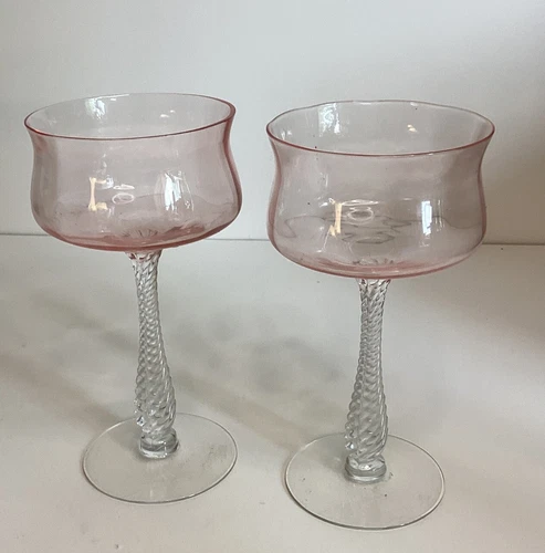Set of 2 Vintage Pink Depression Glass Dessert Sherbet Champagne Stem Glass