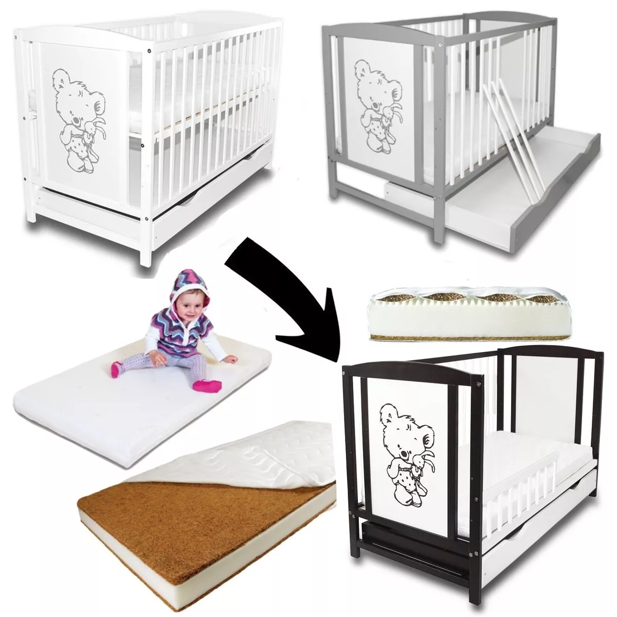 speelgoed Dapper Generaliseren Baby Cot Bed Bear White Grey & Drawer Toddler Barrier Mattress Fitted Sheet  | eBay
