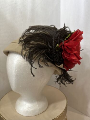 Vintage Tan Felt Hat with Large Ostrich Feather Re