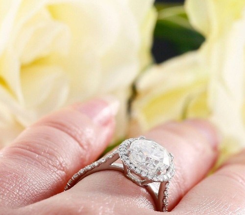 5.00 Ct Oval Cut Simulated Diamond Halo Wedding Ring 14k White Gold Plated - Picture 7 of 8