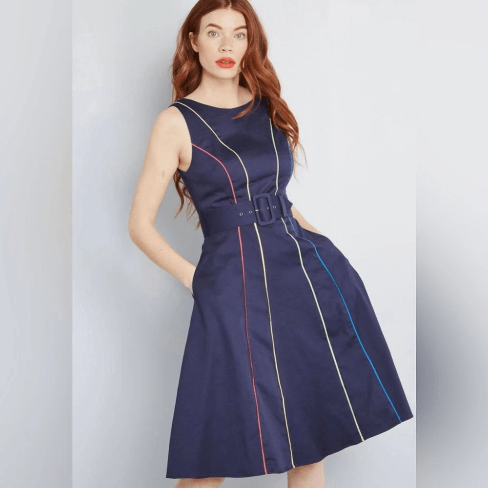 ModCloth Between The Lines Belted Navy Dress Size Medium eBay
