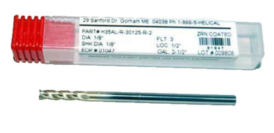 Helical 1/8'' 3 FLT ZrN Carbide High Perf. End Mill- for Aluminum,Non-Ferrous