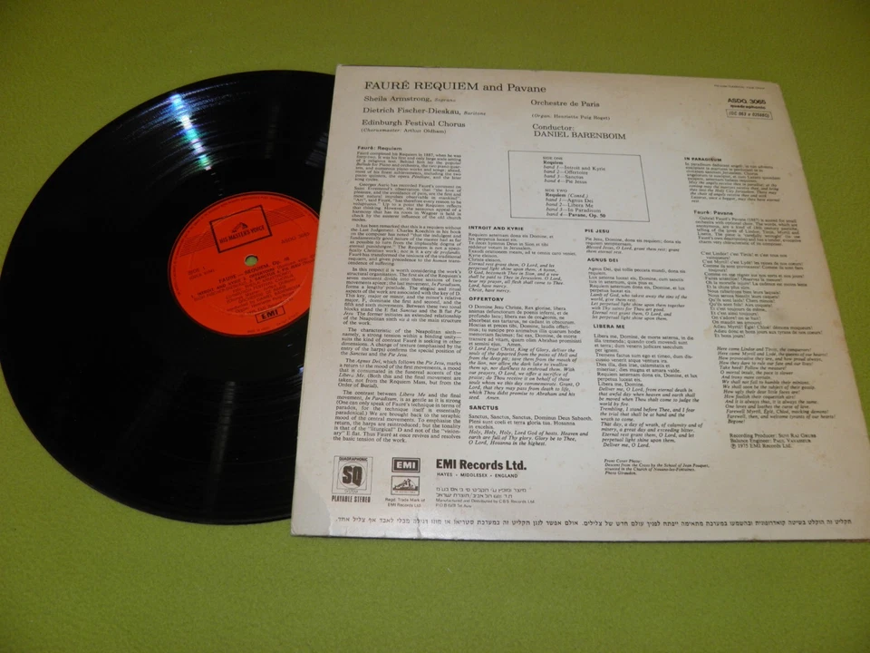 Faure - Requiem - Daniel Barenboim - SQ Quadraphonic RARE 1975 Israel HMV LP EX - Image 2 of 2