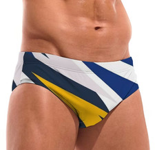 Blue Yellow Abstract Print Men's Swim Briefs w/Drawstring. Size Large 34"-36"