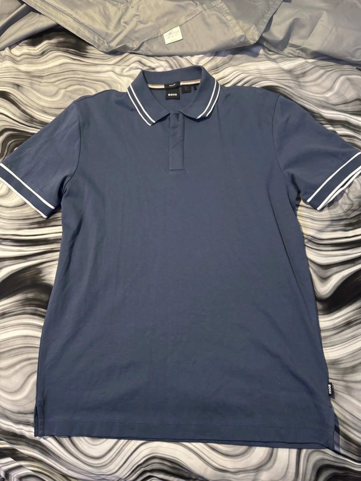 New HUGO BOSS Parley Tipped Cotton Short Sleeve Polo Navy Size Medium