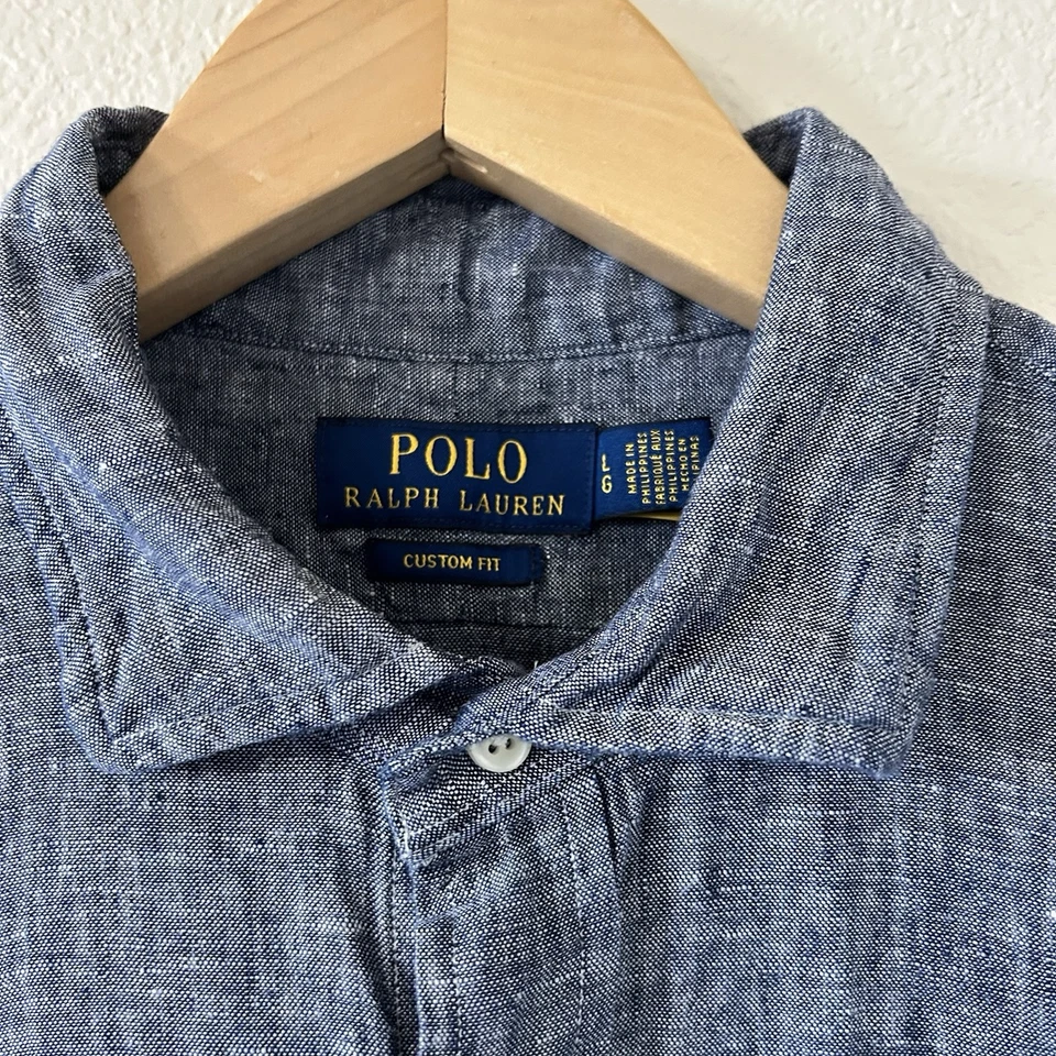 Polo Ralph Lauren Men's Long Sleeve Button Shirt Custom Fit, 100% Linen, Blue - Image 4 of 4
