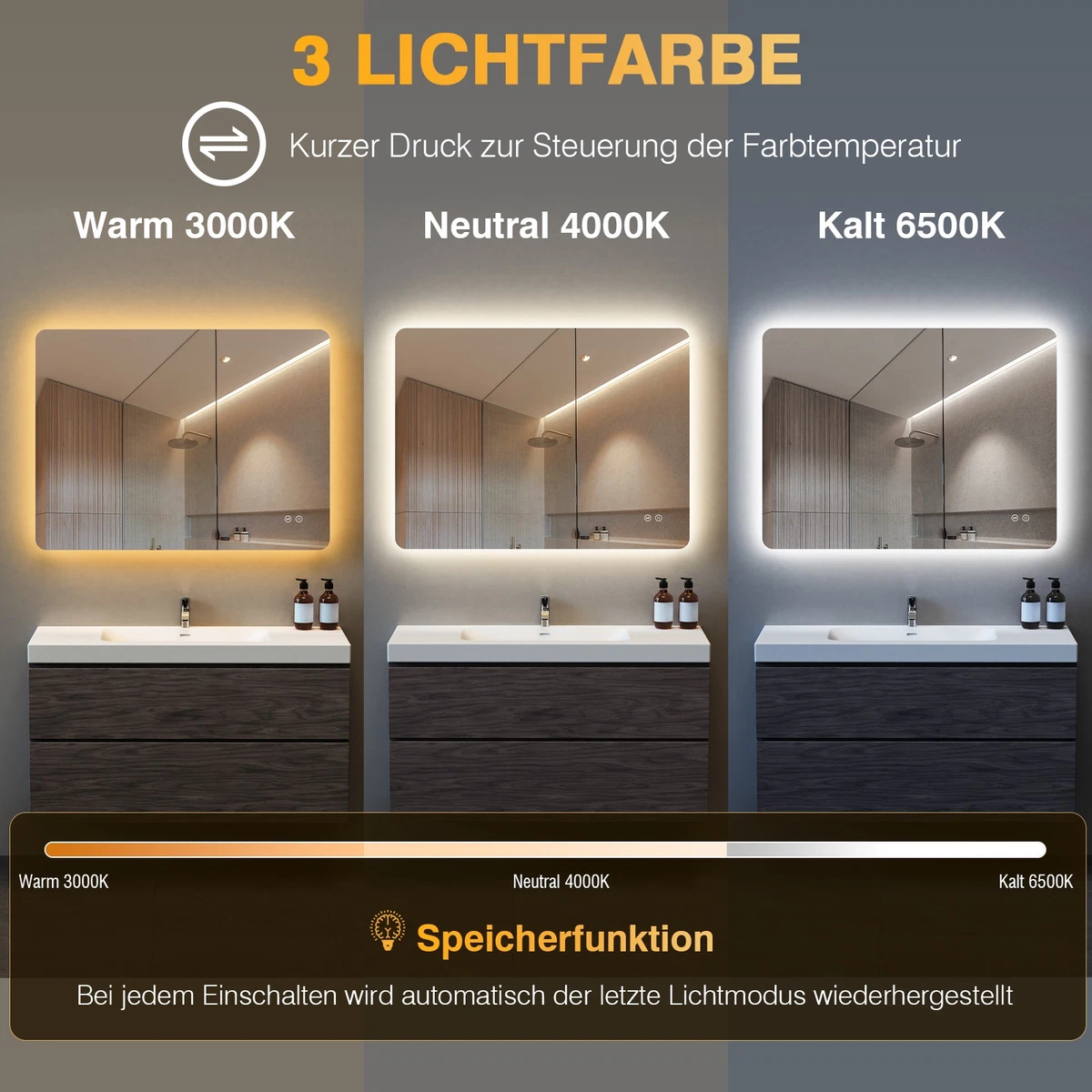 LED Bad Spiegel mit Beleuchtung 3 Lichtfarben Dimmbar Badezimmerspiegel 100X60CM