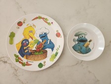 VTG 1977 Sesame Street Children's Plate  Bowl Set Melamine Plastic - 000897
