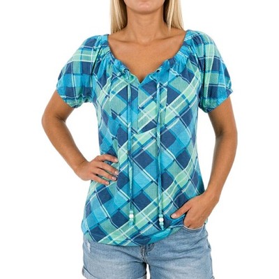 Heine Cheer Shirt Bluse Gr. 34 bis 46 Kurzarm blau gemustert (1035) NEU