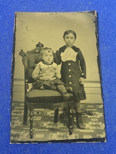 Antique Mid 1800's Ferrotype Tintype Metal Photograph - 2 Children w Fancy Chair - Picture 1 of 5