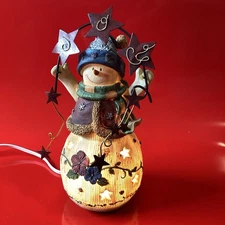 Vintage Unique Light Up Primitive Style Snowman With Stars