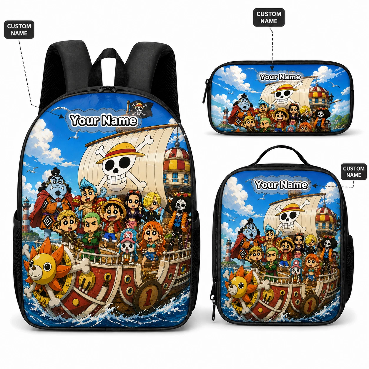 Personalized Custom Name Japan Anime Pirate Backpack 3-Piece School Backpack Set