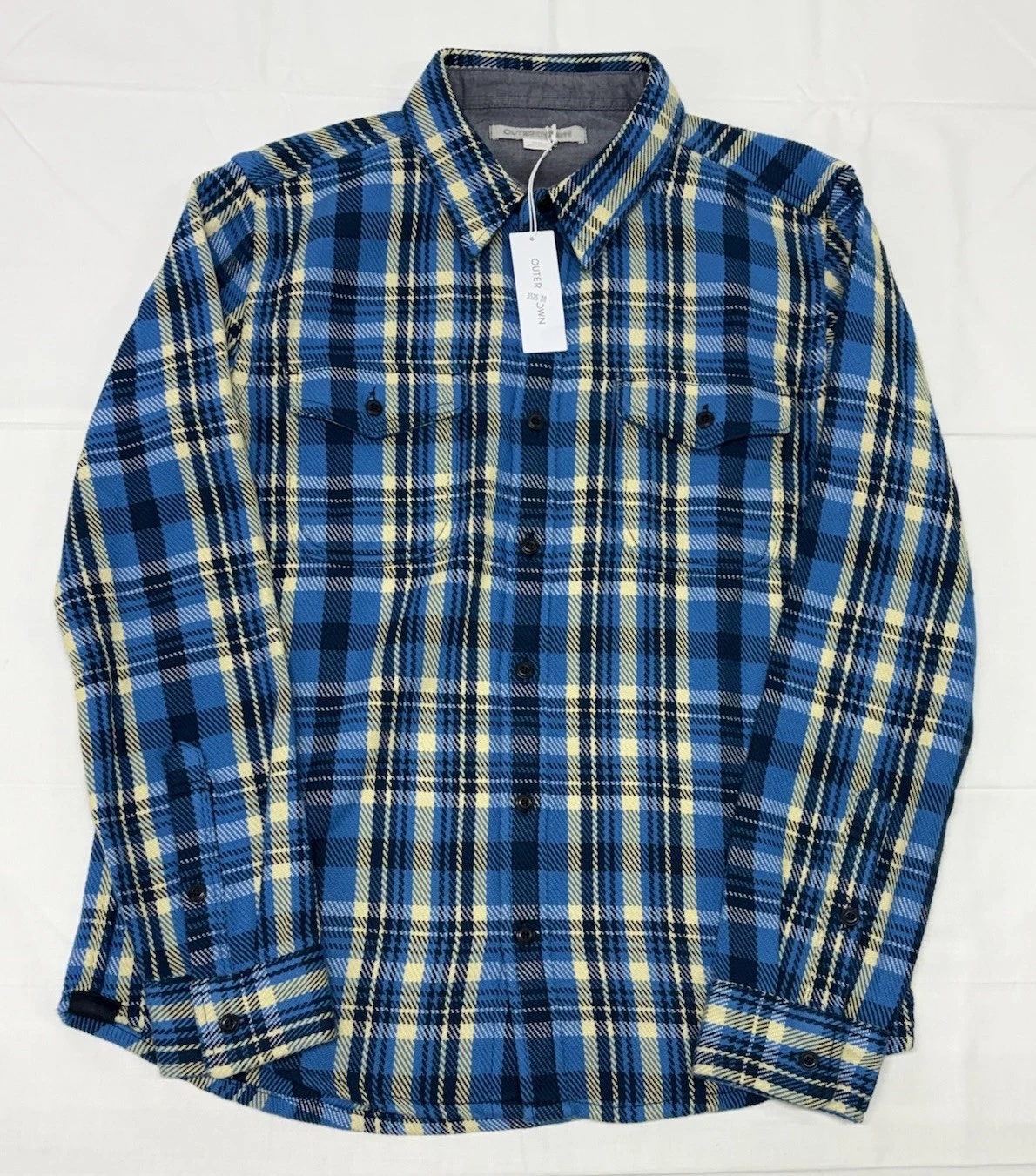 OUTERKNOWN Mens Blanket Shirt Blue Plaid Twill Button Up Shirt Medium NWT