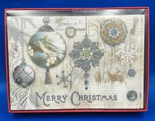 Punch Studio 22903 Box 15 Christmas Cards White with Vintage Ornaments Glitter