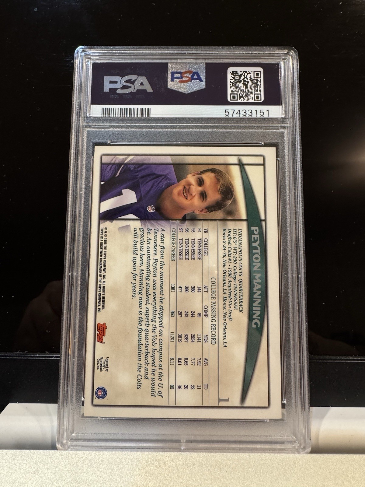 1998 TOPPS PEYTON MANNING PSA 9 MINT  #1 SEASON OPENER