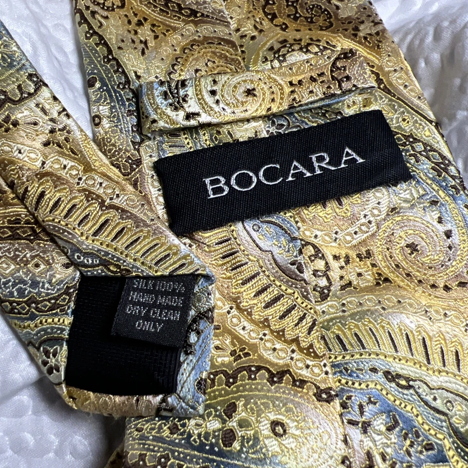 Corbata para hombre 100 % seda Bocara cachemira geométrica elegante hecha a mano dorada verde azulado larga Foto 3 de 3