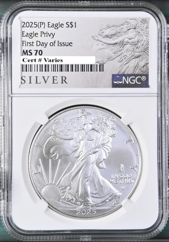 2025 p silver eagle with eagle privy ngc ms70 first day of issue als  presale