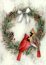 LPG Greetings Two Cardinals on Wreath  White Bow Box of 16 Christmas Cards