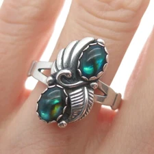 WHEELER MFG CO 925 Sterling Silver Vintage Abalone Shell Feather Ring Size 9.75