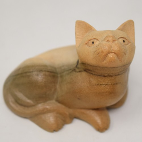 Statua scultura gatto pigro in legno curioso intagliato naturale gattino gattino - Foto 3 di 12