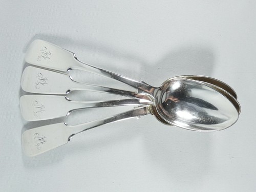 Antique Victorian 1861 Set 4 Sterling Silver Fiddle Back Dessert Spoons Williams - Picture 5 of 9