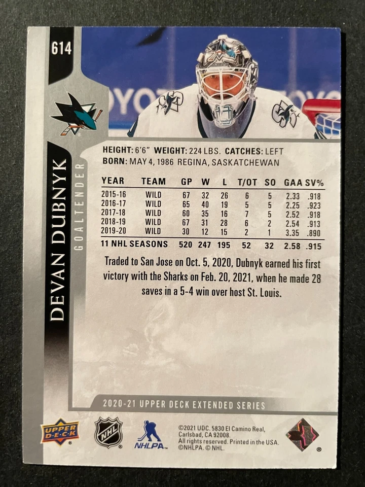 Devan DUBNYK 2020-21 Upper Deck Extended Series Hockey #614 San Jose Sharks - Image 2 of 2