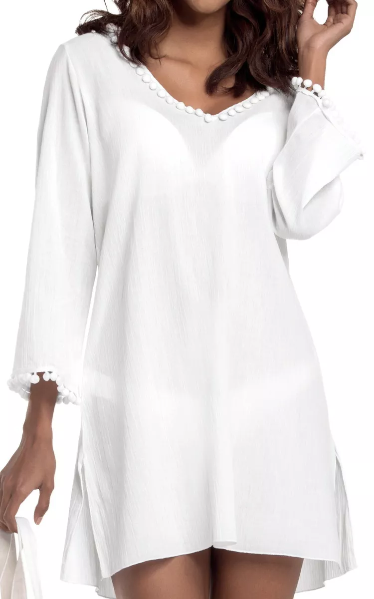 Women s Long Sleeve 100 Cotton Hooded Beach Cover Up White Size M NWT