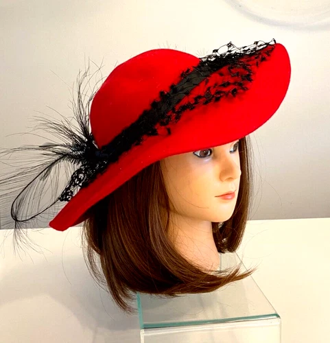 VTG FABULOUS MICHAEL HOWARD 100% WOOL RED WOMENS HAT/BLACK FEATHERS/NETTING/BOW