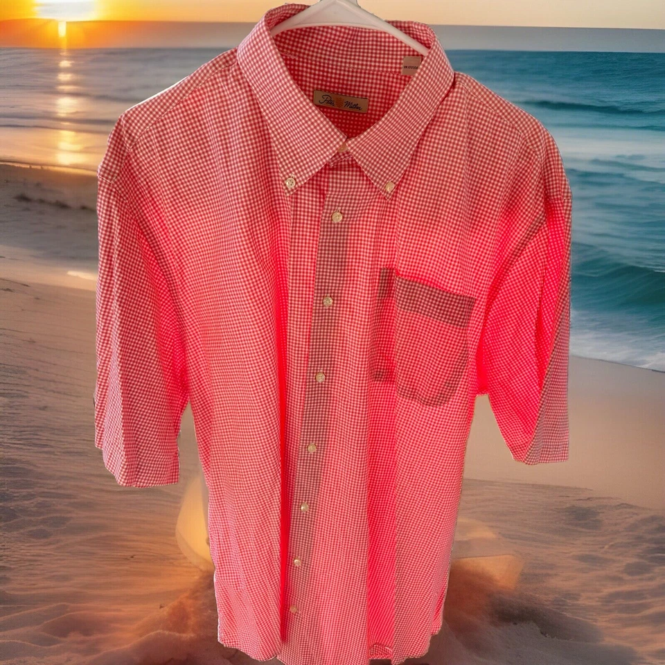 Peter Millar Men-XL Short Sleeve Button Down Dress Shirt Check Salmon Cotton - Image 2 of 4