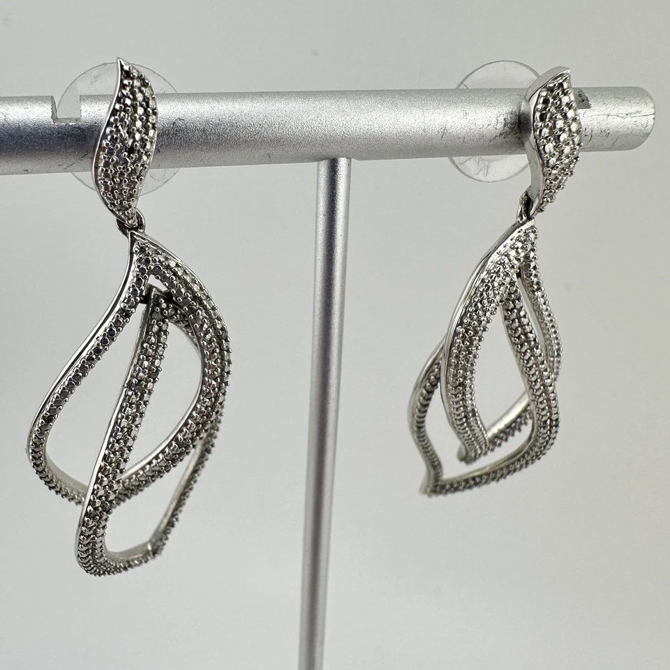 925 Sterling Silver Plated BR Sun Diamond Accent Dangle Stylized Leaf Earrings - Image 3 of 4