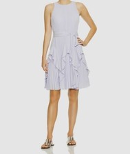 $439 Halston Heritage Women's Purple Roundneck Pleated Fit & Flare Dress Size XS
