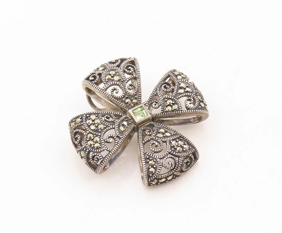 925 Sterling Silver Vintage Brooch Pin Carved Peridot Marcasite Flower  BP11273 - Image 2 of 4
