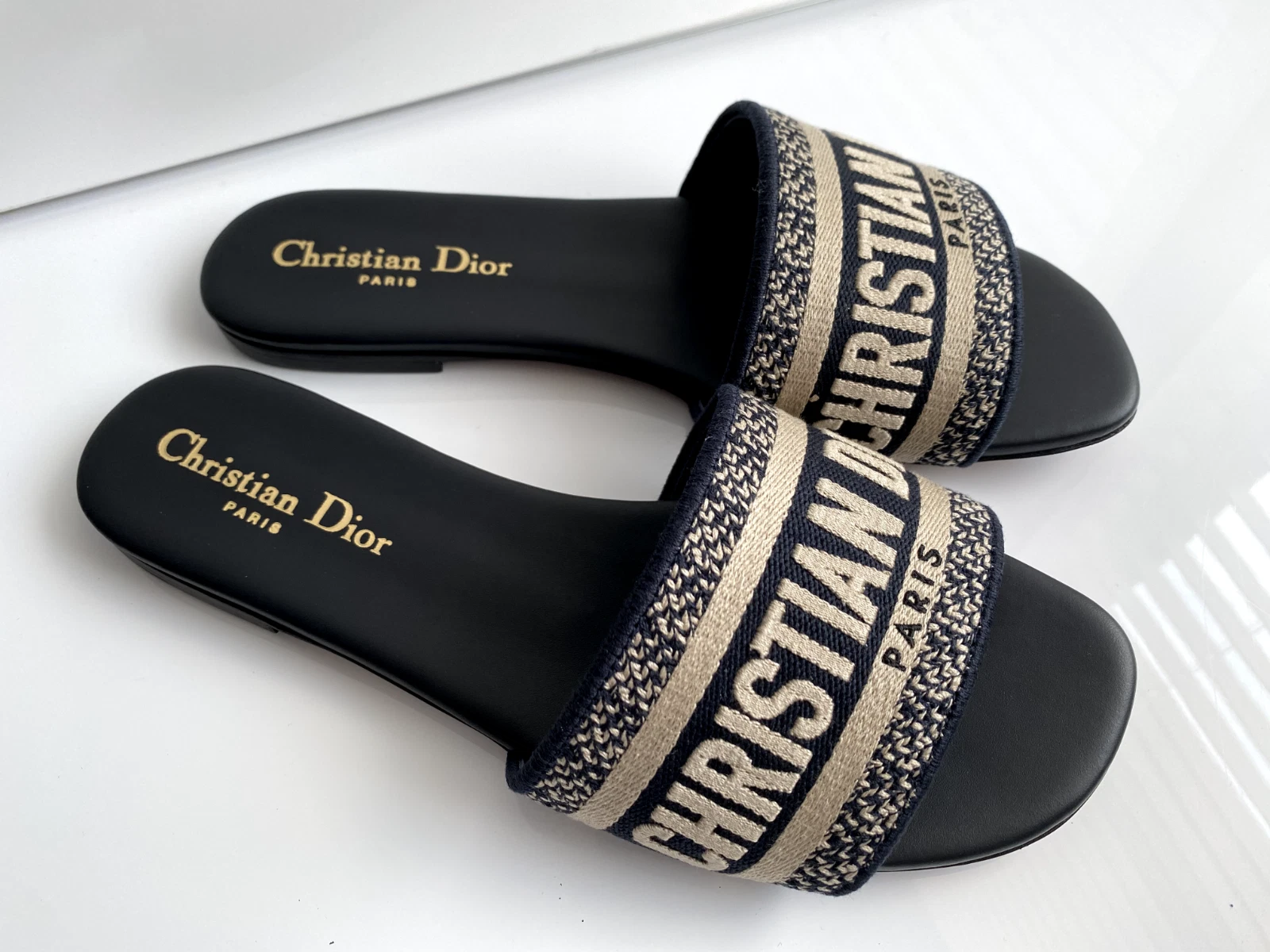 Christian Dior DWAY BLEU MARINE TISSU CUIR SANDALES SLIDES CHAUSSURES 41,5