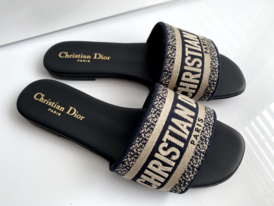 $775 Christian Dior DWAY NAVY BLUE FABRIC LEATHER Slides SANDALS SHOES 37