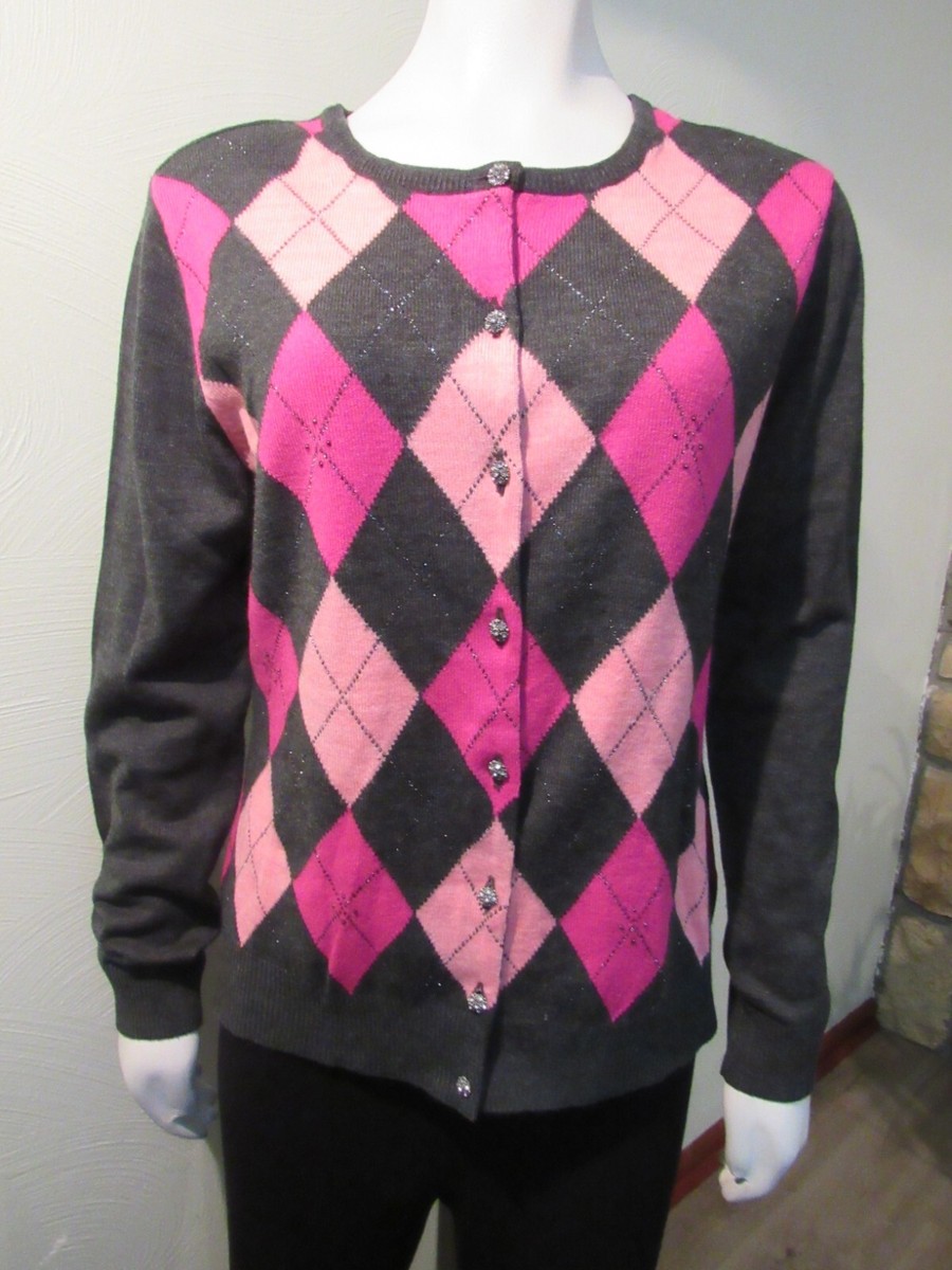 Y2K New York & Co Pink Argyle Sweater Cardigan Beaded