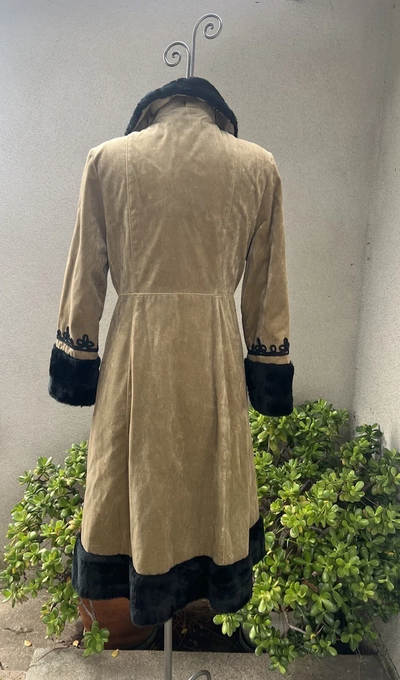 Vtg 60s Bohemian Coat Faux Suede Leather Fur S/M Tan Black - Image 3 of 4