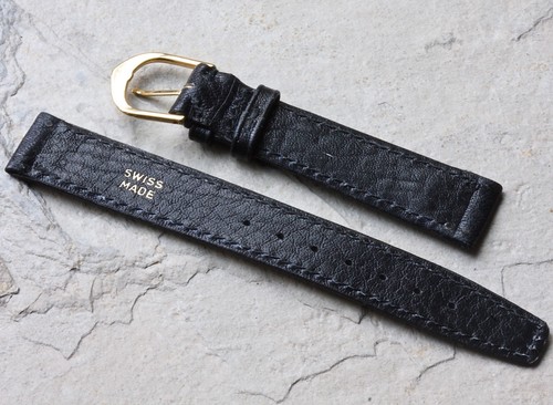 Correa de reloj suiza vintage 16 mm piel de becerro negra sin relleno NOS 1960/70s hebilla dorada - Imagen 3 de 3