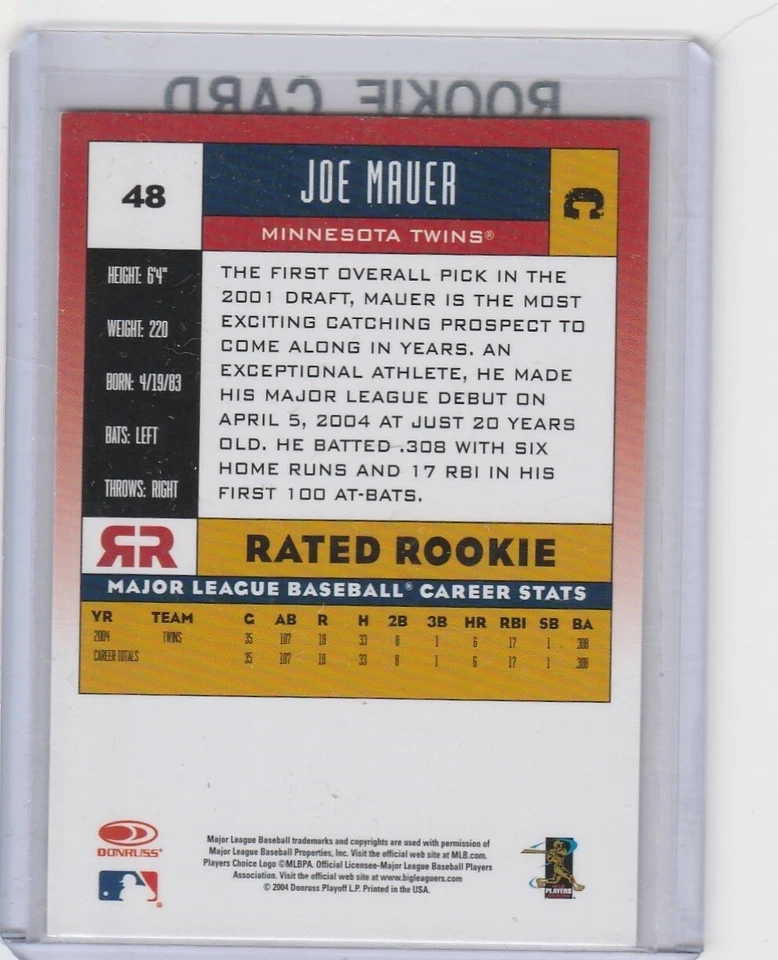 Tarjeta de novato Joe Mauer Minnesota Twins clasificación Donruss Baseball RC ~ RETIRADA Foto 2 de 2