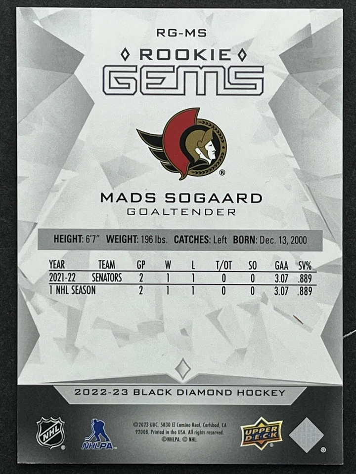 2022-23 Black Diamond Mads Sogaard Rookie Gems /399 #RG-MS RC Ottawa Senators - Image 2 of 2