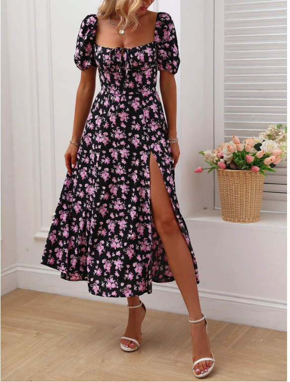 knotted a line dress Multicolor Allover Floral Knot Split Thigh A-line Sz XS S M L XL Crafted in chiffon fabric FW-Wedding Guest Ankle Length Dresses | Color:TILE