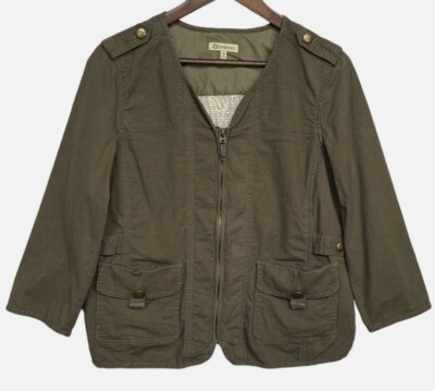 Democracy Full Zip Light Utility Jacket Women Size M Green Mixed Media Lace Back