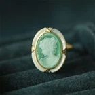 Retro Green Agate Cameo Ring 925 Silver plated Vintage Portrait Ring for Gift