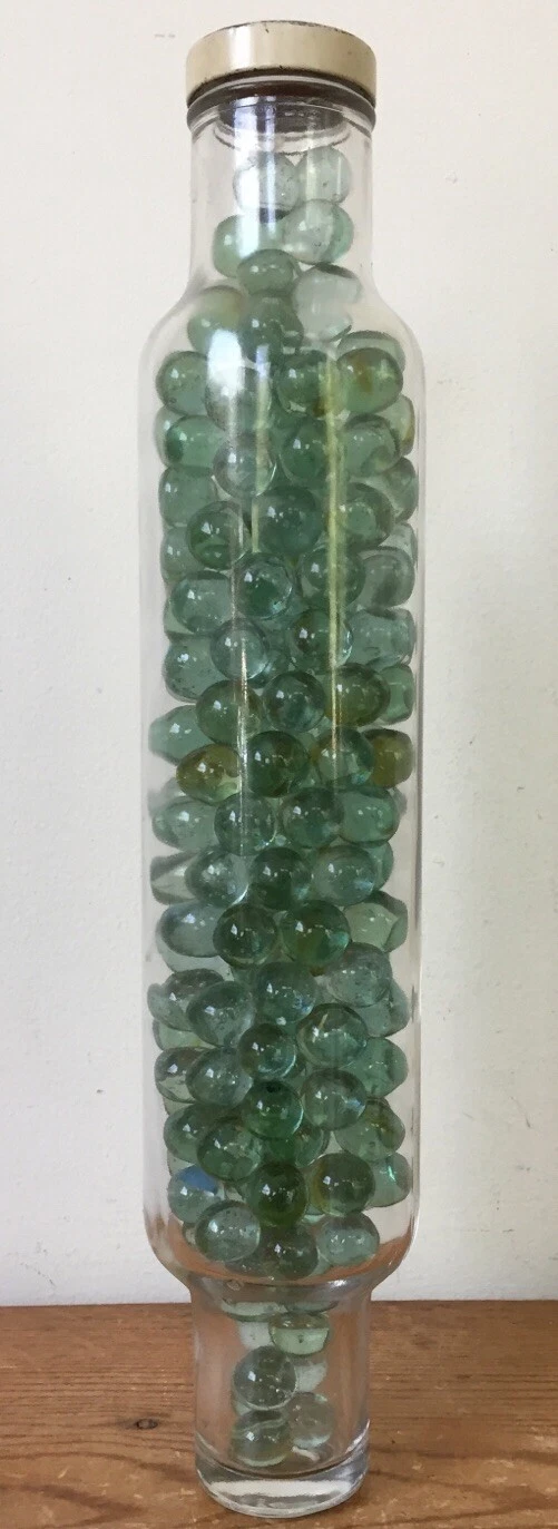Vtg Antique Roll Rite Clear Glass Baking Rolling Pin Filled w Green Marbles 14"