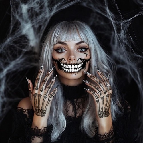 8 x Halloween Tattoo Gesicht Skelett Tattoo, Halloween Schminke Gesichtstattoo - Bild 7 von 9