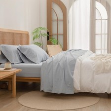 BESTOUCH Sheet Set 100 Washed Cotton Linen Feel Super King, Cornflower Blue