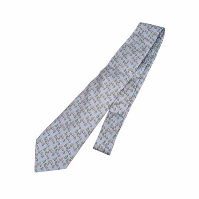 HERMES Silk Tie Allover Pattern Polar Bear Bear Tree Blue